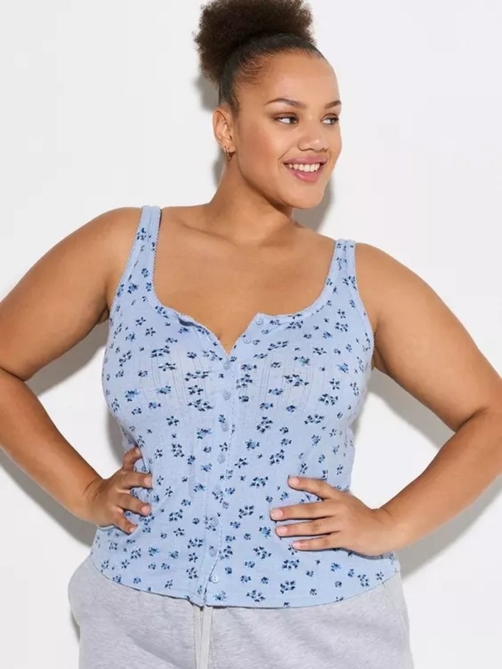 Torrid LoveSick Pointelle Button Tank Petite blossoms forever blue, Size 2x NWT